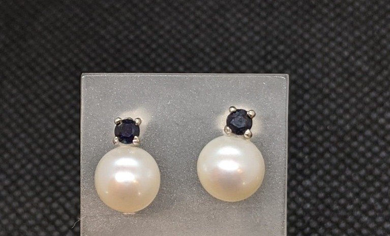 9ct White Gold, Sapphire and Cultured Pearl Earrings 