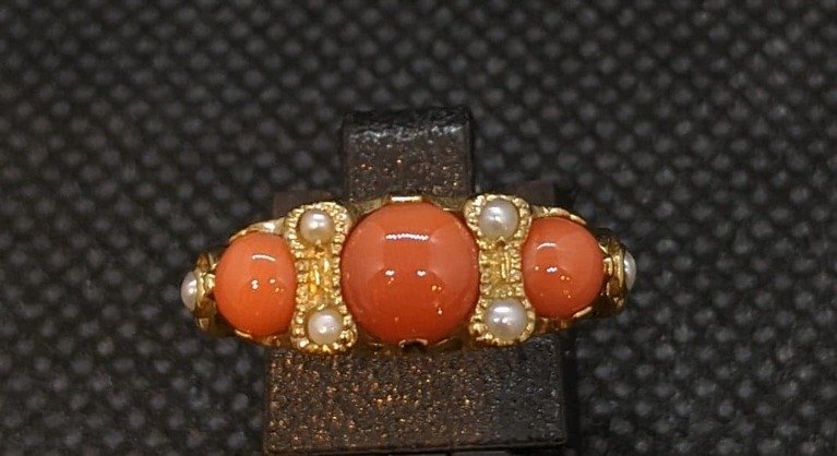 9ct Yellow Gold Coral and Seed Pearl Ring